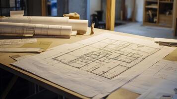 Architectural blueprint floor plans displayed on a table for property development and construction photo