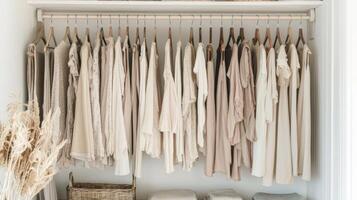 Minimalist wardrobe with neutral color palettes. Decluttered lifestyle concept photo