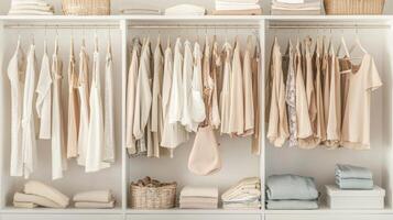 Minimalist wardrobe with neutral color palettes. Decluttered lifestyle concept photo