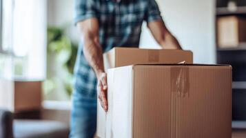 Man moving boxes into his new home. Man carrying a cardboard box in his new apartment photo