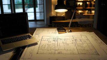 Architectural blueprint floor plans displayed on a table for property development and construction photo