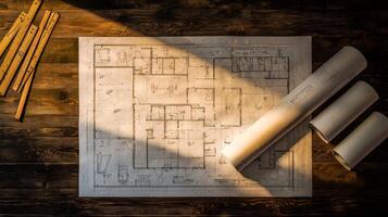 Architectural blueprint floor plans displayed on a table for property development and construction photo