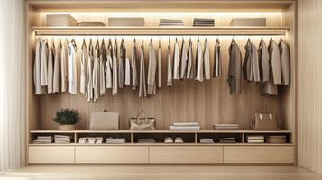 Minimalist wardrobe with neutral color palettes. Decluttered lifestyle concept photo