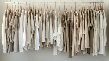 Minimalist wardrobe with neutral color palettes. Decluttered lifestyle concept photo