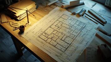 Architectural blueprint floor plans displayed on a table for property development and construction photo