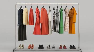 Stylish outfits displayed on a clothing rack. Collection of fashionable clothes photo