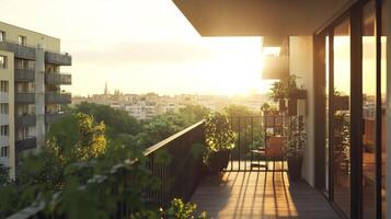 Scenic view from balcony of urban apartment. City skyline viewed from balcony photo