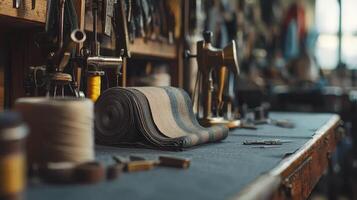 Tailoring process with fabric and sewing tools photo