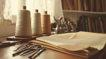 Tailoring process with fabric and sewing tools photo