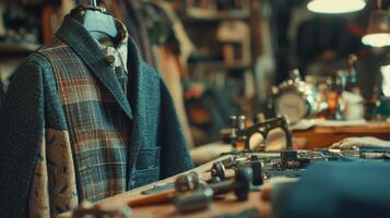 Tailoring process with fabric and sewing tools photo