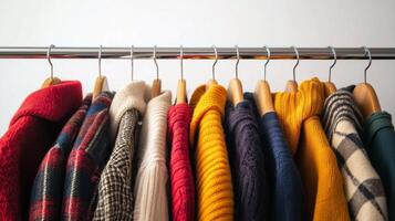 Stylish outfits displayed on a clothing rack. Collection of fashionable clothes photo