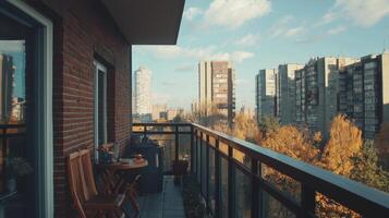 Scenic view from balcony of urban apartment. City skyline viewed from balcony photo