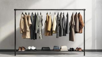 Stylish outfits displayed on a clothing rack. Collection of fashionable clothes photo