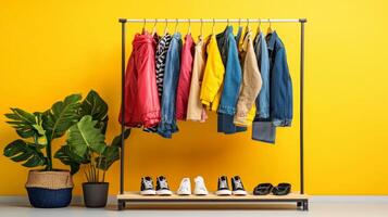 Stylish outfits displayed on a clothing rack. Collection of fashionable clothes photo