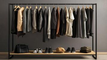 Stylish outfits displayed on a clothing rack. Collection of fashionable clothes photo