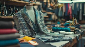Tailoring process with fabric and sewing tools photo