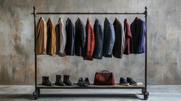 Stylish outfits displayed on a clothing rack. Collection of fashionable clothes photo