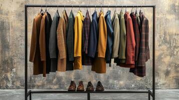 Stylish outfits displayed on a clothing rack. Collection of fashionable clothes photo