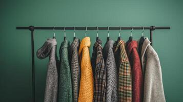 Stylish outfits displayed on a clothing rack. Collection of fashionable clothes photo
