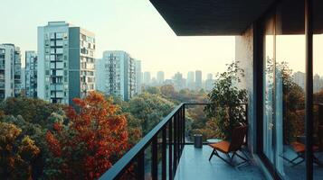 Scenic view from balcony of urban apartment. City skyline viewed from balcony photo