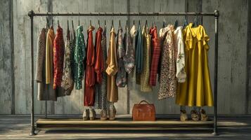 Stylish outfits displayed on a clothing rack. Collection of fashionable clothes photo