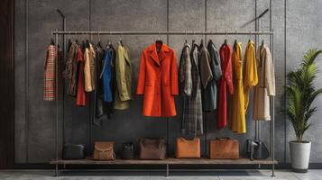 Stylish outfits displayed on a clothing rack. Collection of fashionable clothes photo