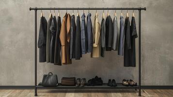 Stylish outfits displayed on a clothing rack. Collection of fashionable clothes photo