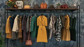 Stylish outfits displayed on a clothing rack. Collection of fashionable clothes photo