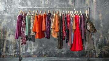 Stylish outfits displayed on a clothing rack. Collection of fashionable clothes photo