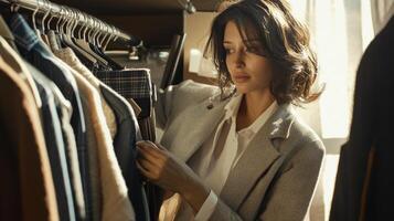 Woman personal stylist organizing client wardrobe. Personal shopper or shop assistant photo