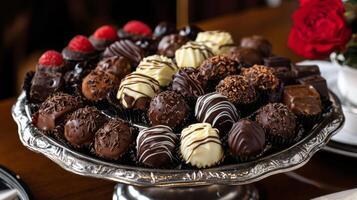 Assorted chocolate truffles beautifully arranged on a platter. Sweets, confectionery and treats photo