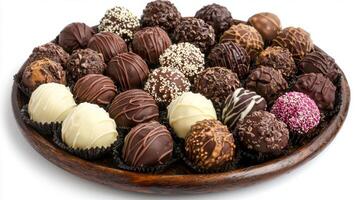Assorted chocolate truffles beautifully arranged on a platter. Sweets, confectionery and treats photo