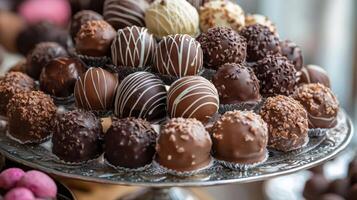 Assorted chocolate truffles beautifully arranged on a platter. Sweets, confectionery and treats photo