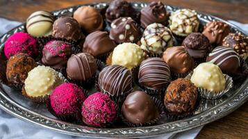 Assorted chocolate truffles beautifully arranged on a platter. Sweets, confectionery and treats photo