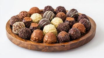 Assorted chocolate truffles beautifully arranged on a platter. Sweets, confectionery and treats photo