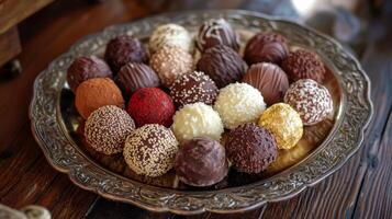 Assorted chocolate truffles beautifully arranged on a platter. Sweets, confectionery and treats photo