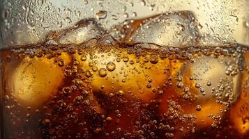 A glass of soda with ice cubes in it. The bubbles in the soda are rising to the top photo