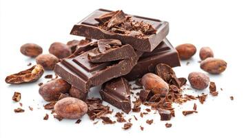 Chocolate bar broken into pieces with cocoa beans on white background photo
