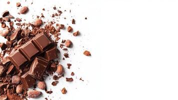 Chocolate bar broken into pieces with cocoa beans on white background photo
