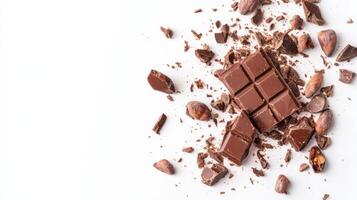Chocolate bar broken into pieces with cocoa beans on white background photo