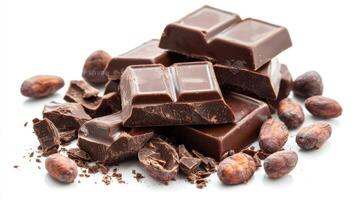 Chocolate bar broken into pieces with cocoa beans on white background photo