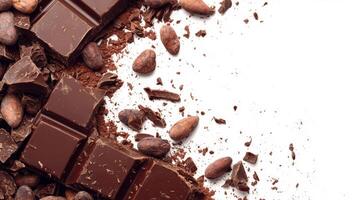 Chocolate bar broken into pieces with cocoa beans on white background photo