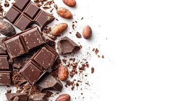 Chocolate bar broken into pieces with cocoa beans on white background photo