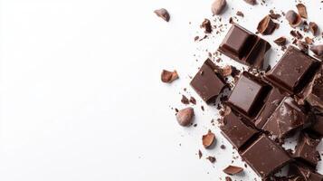 Chocolate bar broken into pieces with cocoa beans on white background photo