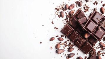 Chocolate bar broken into pieces with cocoa beans on white background photo