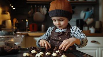 Child making chocolate treats in the kitchen photo