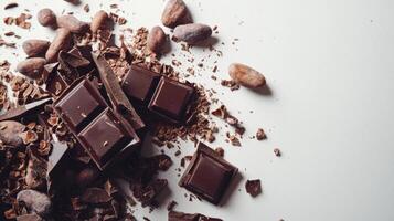Chocolate bar broken into pieces with cocoa beans on white background photo