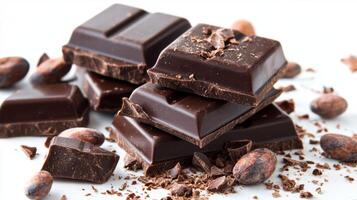 Chocolate bar broken into pieces with cocoa beans on white background photo