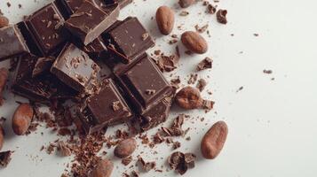 Chocolate bar broken into pieces with cocoa beans on white background photo