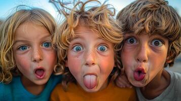Children making silly and goofy faces, capturing the expressive gestures of their facial expressions photo